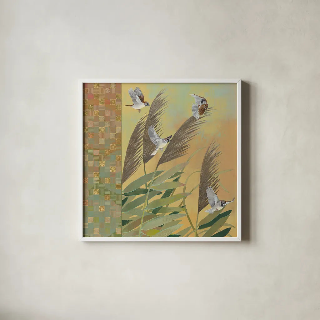 Sparrows and Phragmates August Evening by Kathrine Lovell. Shown in a crisp white glass frame for a clean and minimalist style. Available as an archival giclee rolled canvas, fine art paper, or poster print. SKU 24542a.