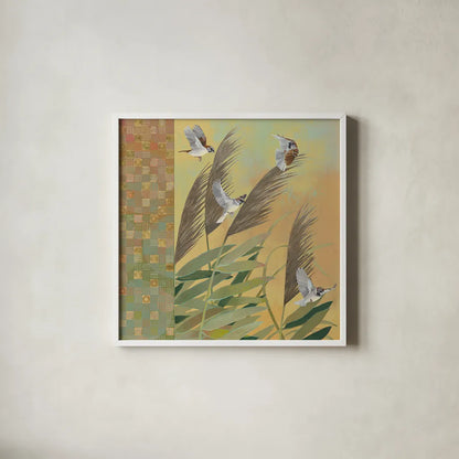 Sparrows and Phragmates August Evening by Kathrine Lovell. Shown in a crisp white glass frame for a clean and minimalist style. Available as an archival giclee rolled canvas, fine art paper, or poster print. SKU 24542a.