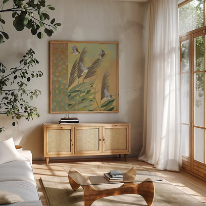 Sparrows and Phragmates August Evening by Kathrine Lovell. Shown in a natural wood frame in a cozy modern living room. Available as an archival giclee rolled canvas, fine art paper, or poster print. SKU 24542a.