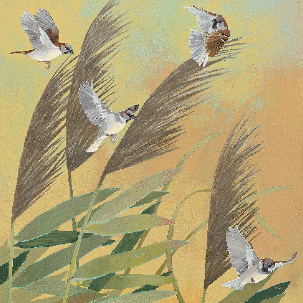 Sparrows and Phragmates Sq by Kathrine Lovell. SKU 24360a. Archival Giclee Fine art print for wall decor.
