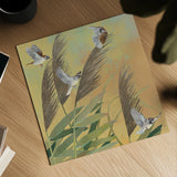 Sparrows and Phragmates Sq by Kathrine Lovell. Shown as a detailed flat fine art print, highlighting archival giclee quality. Available as an archival giclee rolled canvas, fine art paper, or poster print. SKU 24360a.