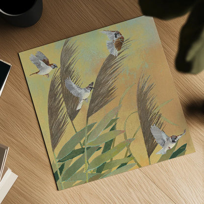 Sparrows and Phragmates Sq by Kathrine Lovell. Shown as a detailed flat fine art print, highlighting archival giclee quality. Available as an archival giclee rolled canvas, fine art paper, or poster print. SKU 24360a.