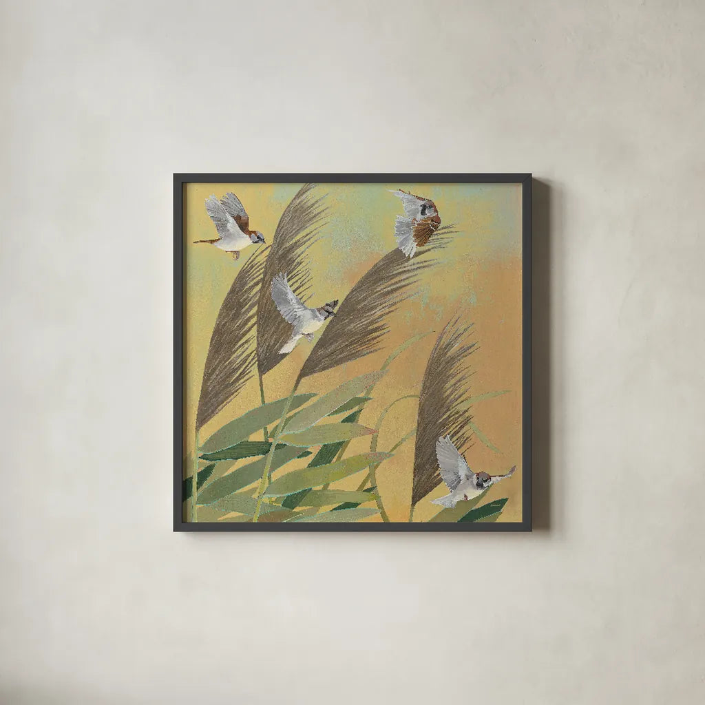 Sparrows and Phragmates Sq by Kathrine Lovell. Shown in a sleek black glass frame for a contemporary gallery look. Available as an archival giclee rolled canvas, fine art paper, or poster print. SKU 24360a.