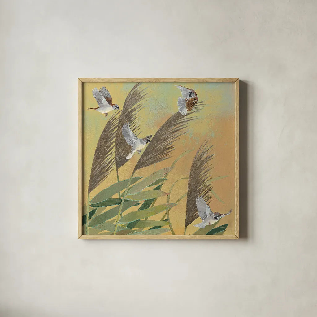 Sparrows and Phragmates Sq by Kathrine Lovell. Shown in a natural wood glass frame for a timeless modern aesthetic. Available as an archival giclee rolled canvas, fine art paper, or poster print. SKU 24360a.