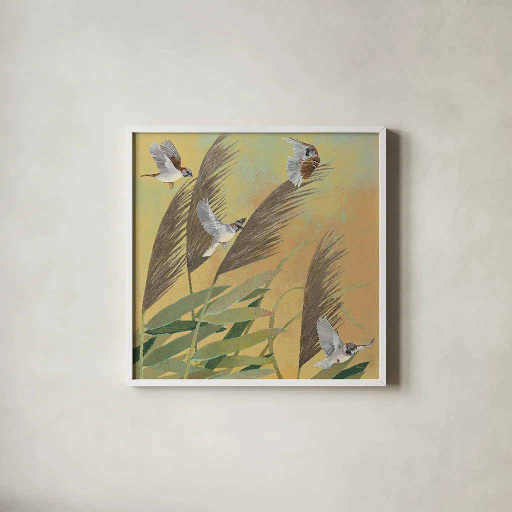 Sparrows and Phragmates Sq by Kathrine Lovell. Shown in a crisp white glass frame for a clean and minimalist style. Available as an archival giclee rolled canvas, fine art paper, or poster print. SKU 24360a.