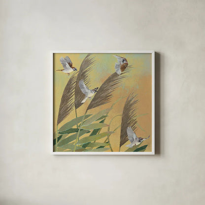 Sparrows and Phragmates Sq by Kathrine Lovell. Shown in a crisp white glass frame for a clean and minimalist style. Available as an archival giclee rolled canvas, fine art paper, or poster print. SKU 24360a.