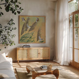 Sparrows and Phragmates Sq by Kathrine Lovell. Shown in a natural wood frame in a cozy modern living room. Available as an archival giclee rolled canvas, fine art paper, or poster print. SKU 24360a.