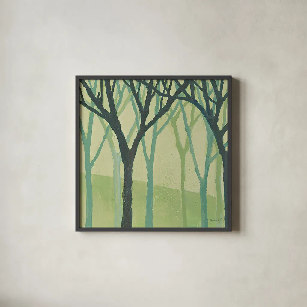 Spring Trees Green I by Kathrine Lovell. Shown in a sleek black glass frame for a contemporary gallery look. Available as an archival giclee rolled canvas, fine art paper, or poster print. SKU 43459a.