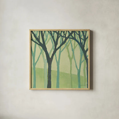 Spring Trees Green I by Kathrine Lovell. Shown in a natural wood glass frame for a timeless modern aesthetic. Available as an archival giclee rolled canvas, fine art paper, or poster print. SKU 43459a.