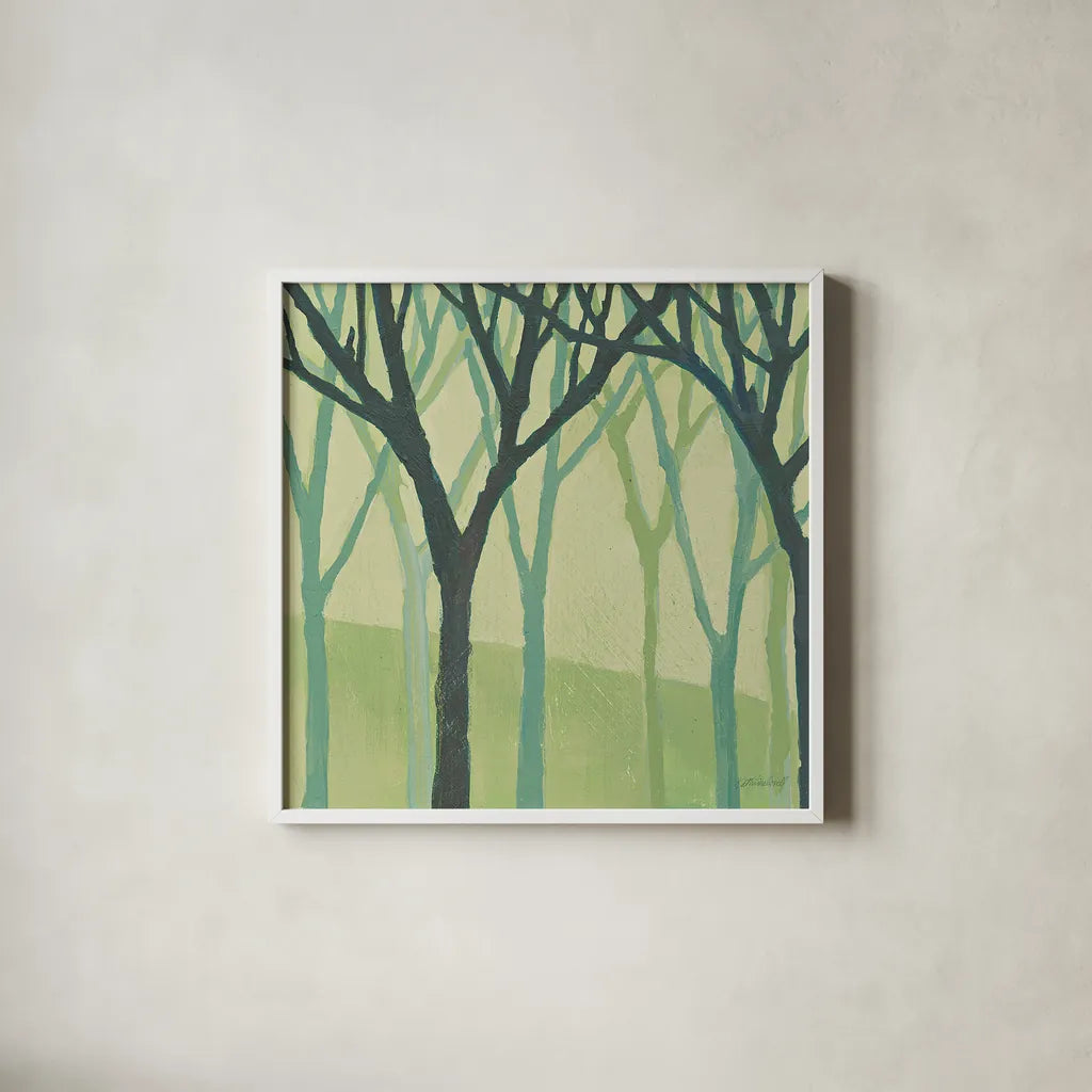 Spring Trees Green I by Kathrine Lovell. Shown in a crisp white glass frame for a clean and minimalist style. Available as an archival giclee rolled canvas, fine art paper, or poster print. SKU 43459a.