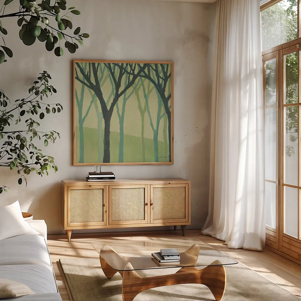 Spring Trees Green I by Kathrine Lovell. Shown in a natural wood frame in a cozy modern living room. Available as an archival giclee rolled canvas, fine art paper, or poster print. SKU 43459a.