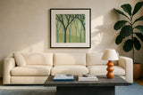 Spring Trees Green I by Kathrine Lovell. Displayed in a glass frame with matte in a clean modern living room. Available as an archival giclee rolled canvas, fine art paper, or poster print. SKU 43459a.