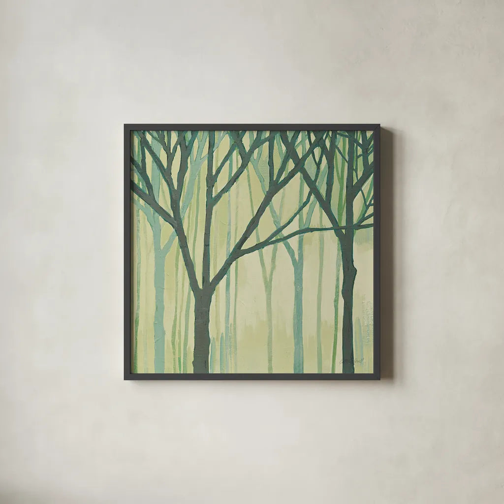 Spring Trees Green III by Kathrine Lovell. Shown in a sleek black glass frame for a contemporary gallery look. Available as an archival giclee rolled canvas, fine art paper, or poster print. SKU 43461a.