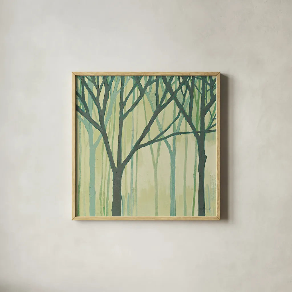 Spring Trees Green III by Kathrine Lovell. Shown in a natural wood glass frame for a timeless modern aesthetic. Available as an archival giclee rolled canvas, fine art paper, or poster print. SKU 43461a.