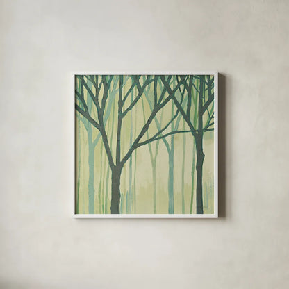 Spring Trees Green III by Kathrine Lovell. Shown in a crisp white glass frame for a clean and minimalist style. Available as an archival giclee rolled canvas, fine art paper, or poster print. SKU 43461a.