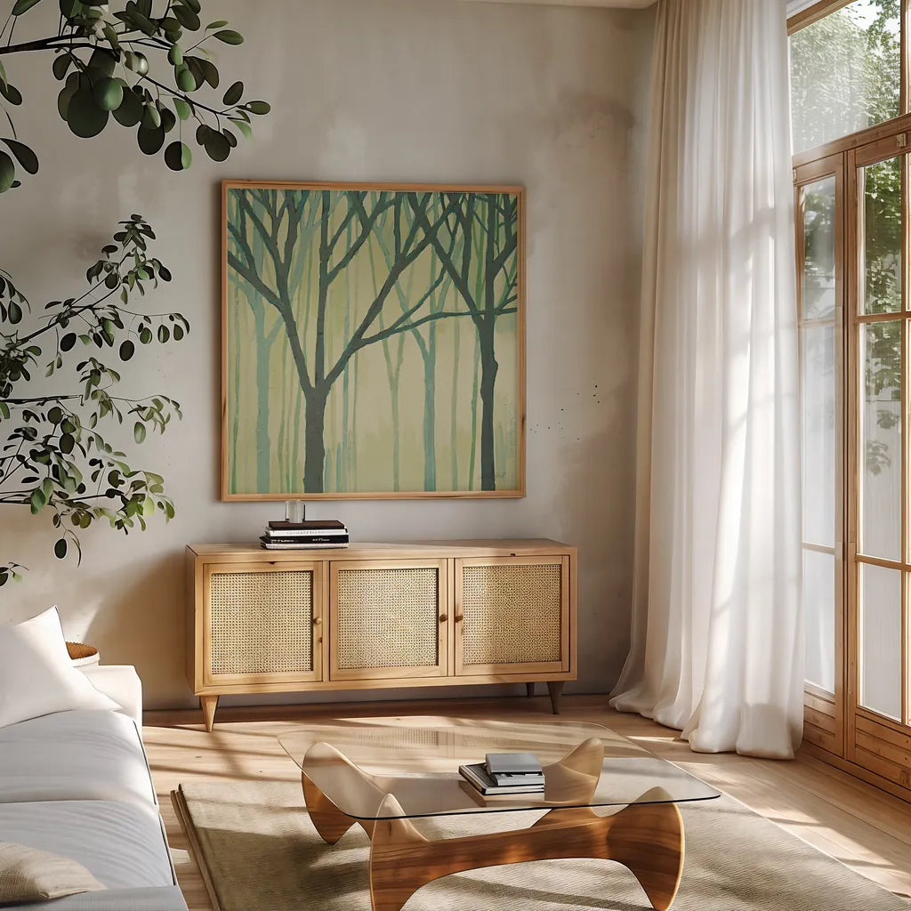 Spring Trees Green III by Kathrine Lovell. Shown in a natural wood frame in a cozy modern living room. Available as an archival giclee rolled canvas, fine art paper, or poster print. SKU 43461a.