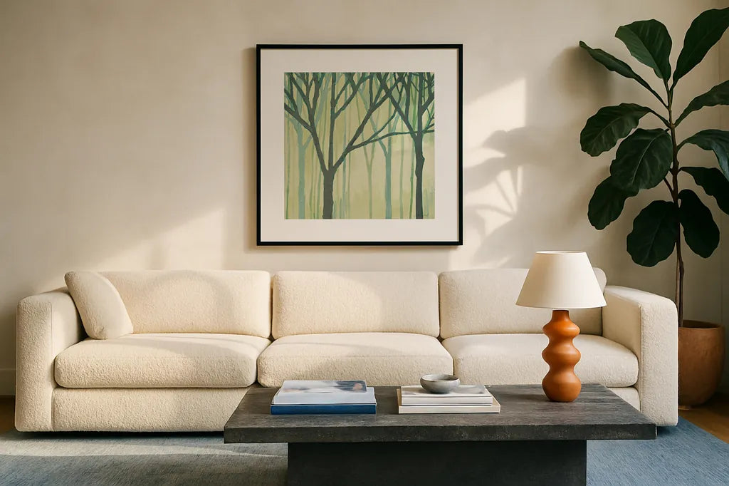 Spring Trees Green III by Kathrine Lovell. Displayed in a glass frame with matte in a clean modern living room. Available as an archival giclee rolled canvas, fine art paper, or poster print. SKU 43461a.