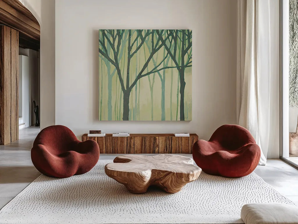 Spring Trees Green III by Kathrine Lovell. Shown as extra-large giant wall art in a modern living room. Available as an archival giclee rolled canvas, fine art paper, or poster print. SKU 43461a.