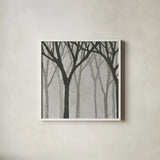 Spring Trees Greystone I by Kathrine Lovell. Shown in a crisp white glass frame for a clean and minimalist style. Available as an archival giclee rolled canvas, fine art paper, or poster print. SKU 19042a.