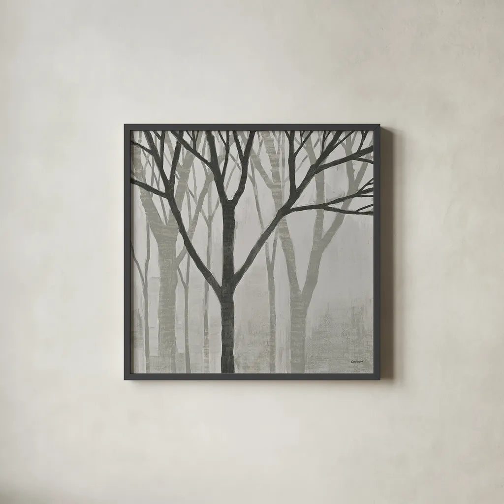 Spring Trees Greystone II by Kathrine Lovell. Shown in a sleek black glass frame for a contemporary gallery look. Available as an archival giclee rolled canvas, fine art paper, or poster print. SKU 19043a.