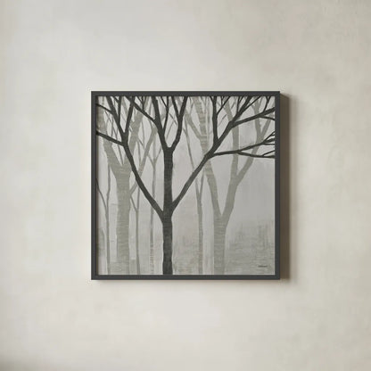 Spring Trees Greystone II by Kathrine Lovell. Shown in a sleek black glass frame for a contemporary gallery look. Available as an archival giclee rolled canvas, fine art paper, or poster print. SKU 19043a.