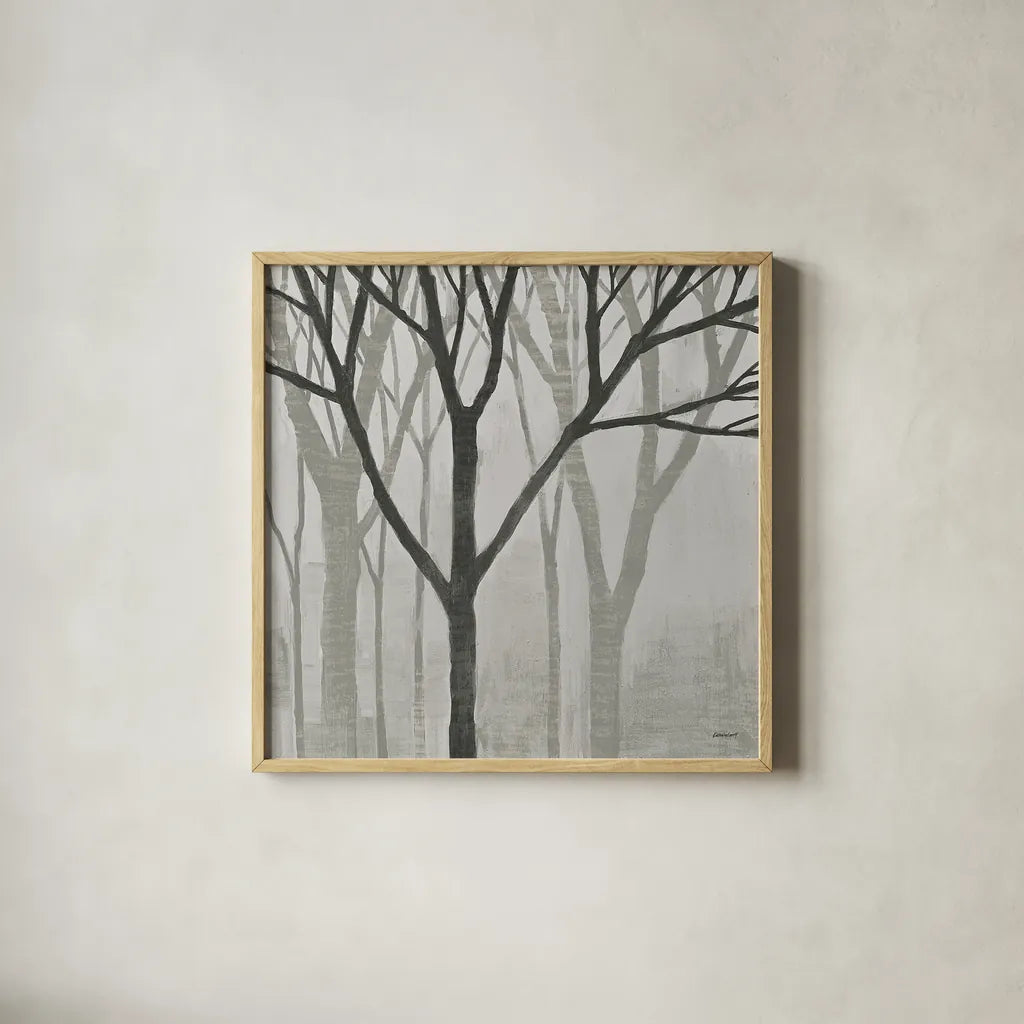 Spring Trees Greystone II by Kathrine Lovell. Shown in a natural wood glass frame for a timeless modern aesthetic. Available as an archival giclee rolled canvas, fine art paper, or poster print. SKU 19043a.