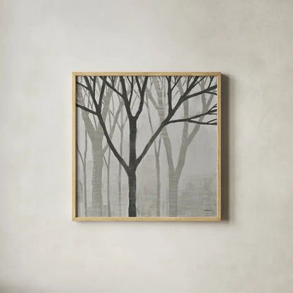 Spring Trees Greystone II by Kathrine Lovell. Shown in a natural wood glass frame for a timeless modern aesthetic. Available as an archival giclee rolled canvas, fine art paper, or poster print. SKU 19043a.