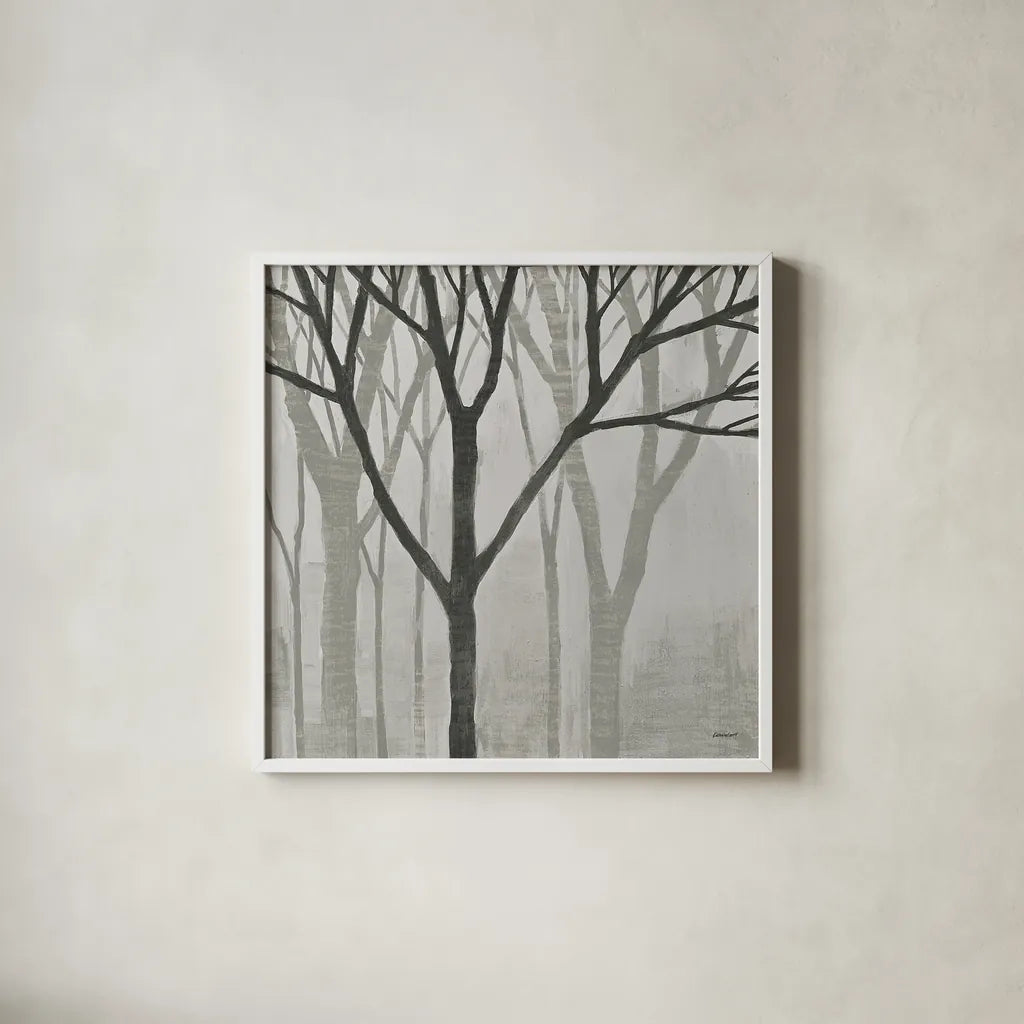 Spring Trees Greystone II by Kathrine Lovell. Shown in a crisp white glass frame for a clean and minimalist style. Available as an archival giclee rolled canvas, fine art paper, or poster print. SKU 19043a.