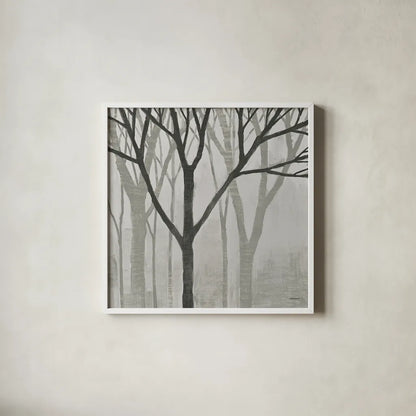 Spring Trees Greystone II by Kathrine Lovell. Shown in a crisp white glass frame for a clean and minimalist style. Available as an archival giclee rolled canvas, fine art paper, or poster print. SKU 19043a.