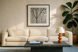 Spring Trees Greystone II by Kathrine Lovell. Displayed in a glass frame with matte in a clean modern living room. Available as an archival giclee rolled canvas, fine art paper, or poster print. SKU 19043a.