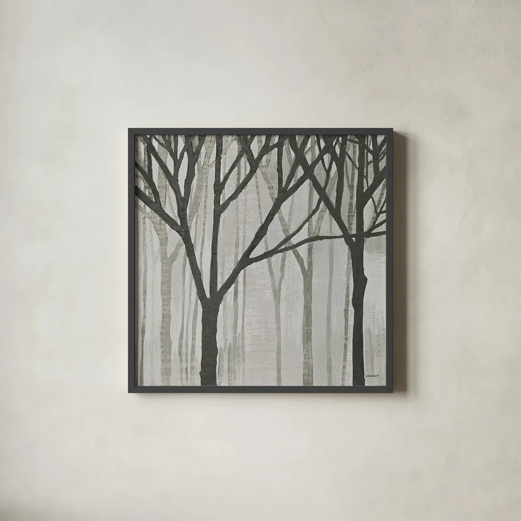 Spring Trees Greystone III by Kathrine Lovell. Shown in a sleek black glass frame for a contemporary gallery look. Available as an archival giclee rolled canvas, fine art paper, or poster print. SKU 19044a.
