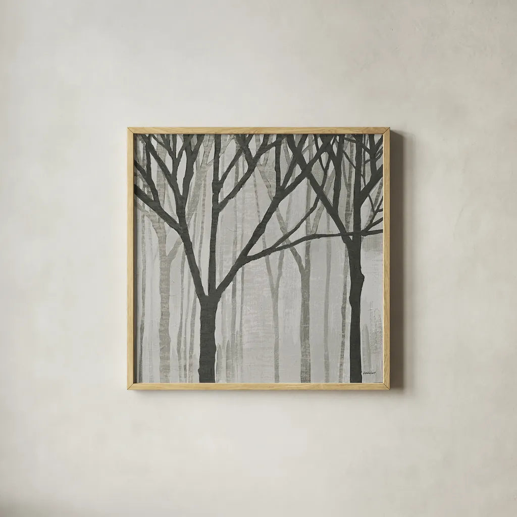 Spring Trees Greystone III by Kathrine Lovell. Shown in a natural wood glass frame for a timeless modern aesthetic. Available as an archival giclee rolled canvas, fine art paper, or poster print. SKU 19044a.