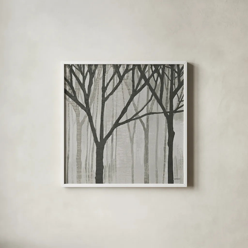 Spring Trees Greystone III by Kathrine Lovell. Shown in a crisp white glass frame for a clean and minimalist style. Available as an archival giclee rolled canvas, fine art paper, or poster print. SKU 19044a.