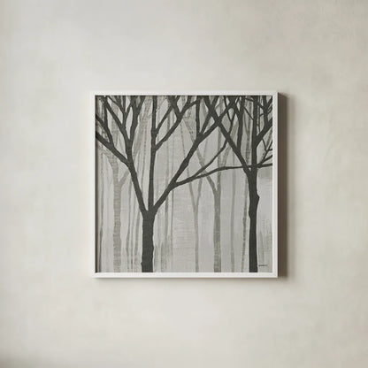 Spring Trees Greystone III by Kathrine Lovell. Shown in a crisp white glass frame for a clean and minimalist style. Available as an archival giclee rolled canvas, fine art paper, or poster print. SKU 19044a.