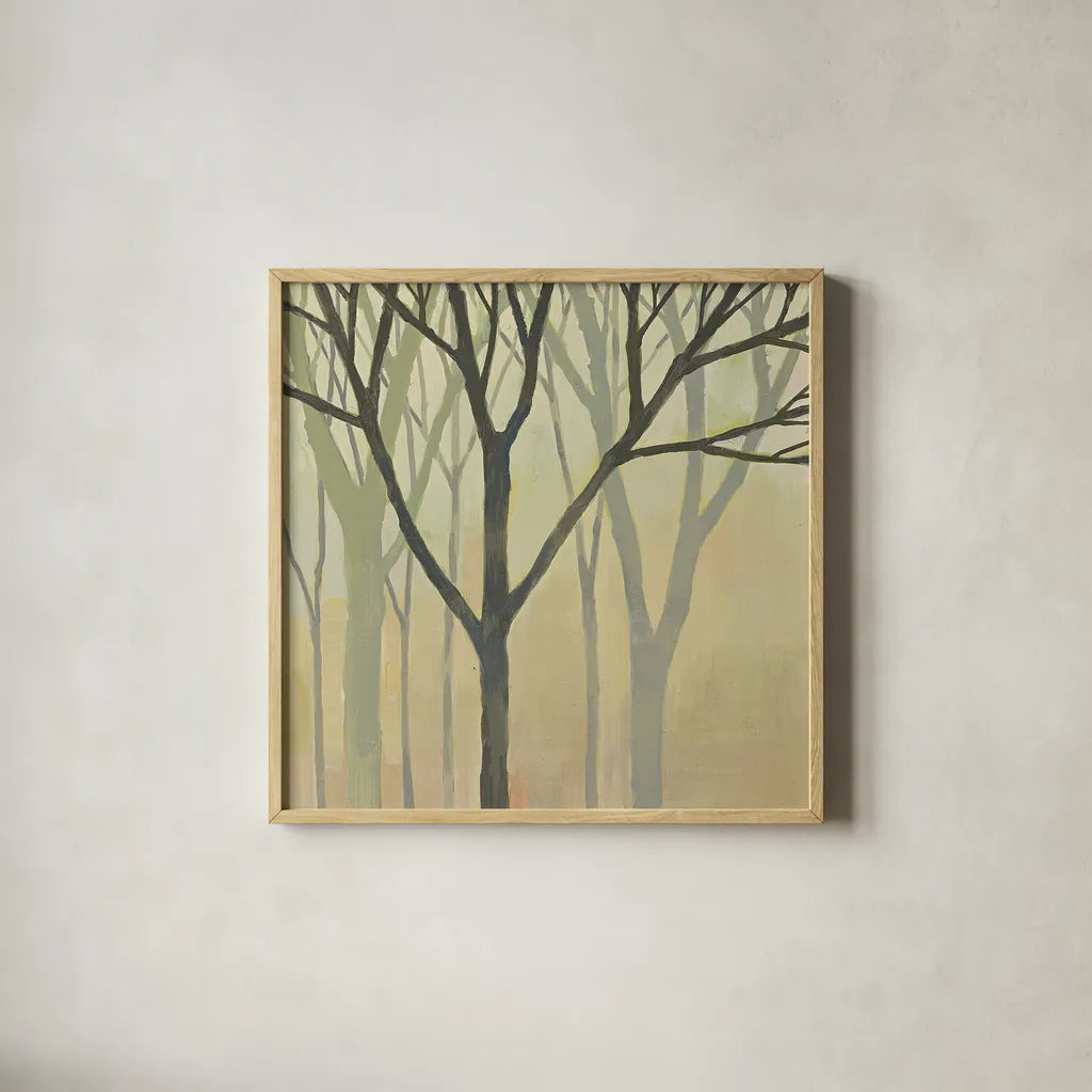 Spring Trees II by Kathrine Lovell. Shown in a natural wood glass frame for a timeless modern aesthetic. Available as an archival giclee rolled canvas, fine art paper, or poster print. SKU 43457a.