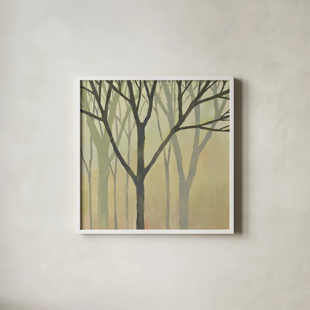 Spring Trees II by Kathrine Lovell. Shown in a crisp white glass frame for a clean and minimalist style. Available as an archival giclee rolled canvas, fine art paper, or poster print. SKU 43457a.
