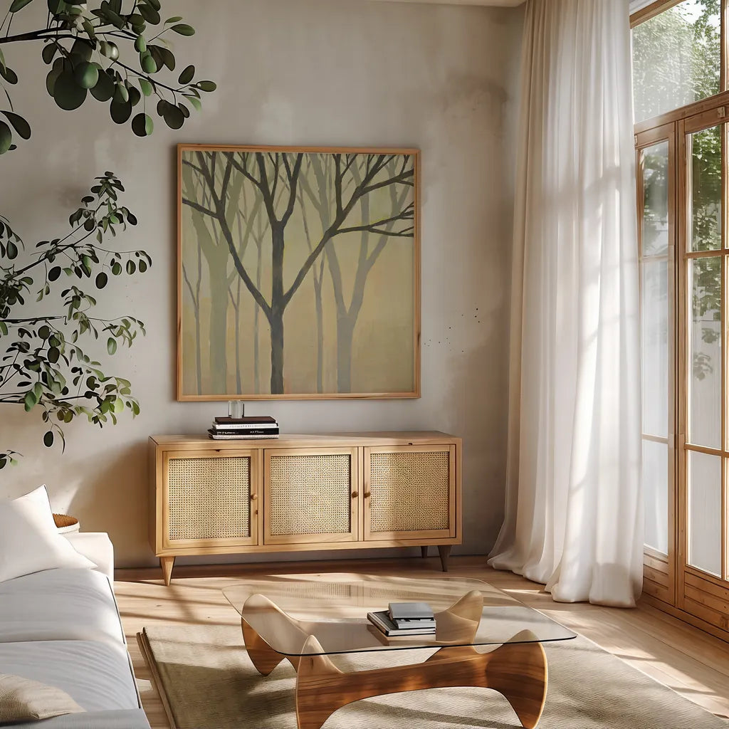 Spring Trees II by Kathrine Lovell. Shown in a natural wood frame in a cozy modern living room. Available as an archival giclee rolled canvas, fine art paper, or poster print. SKU 43457a.