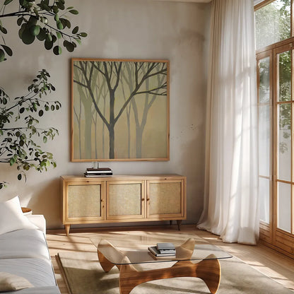 Spring Trees II by Kathrine Lovell. Shown in a natural wood frame in a cozy modern living room. Available as an archival giclee rolled canvas, fine art paper, or poster print. SKU 43457a.