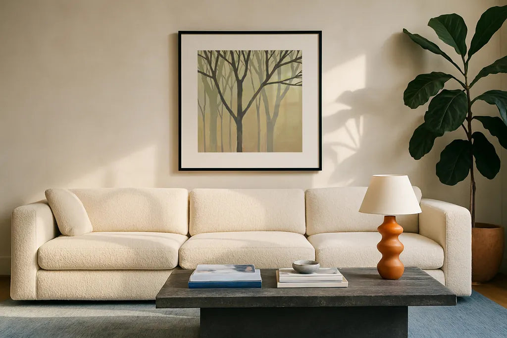 Spring Trees II by Kathrine Lovell. Displayed in a glass frame with matte in a clean modern living room. Available as an archival giclee rolled canvas, fine art paper, or poster print. SKU 43457a.