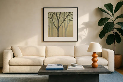 Spring Trees II by Kathrine Lovell. Displayed in a glass frame with matte in a clean modern living room. Available as an archival giclee rolled canvas, fine art paper, or poster print. SKU 43457a.