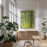 Spring Woods by Kathrine Lovell. shown as a print in a natural wood frame in a dining room. Available as a archival giclee rolled canvas, fine art paper, or poster print. SKU 39859h.
