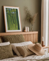 Spring Woods Dark Green by Kathrine Lovell. shown as a paper print in a natural frame. Available as a archival giclee rolled canvas, fine art paper, or poster print. SKU 41346h.
