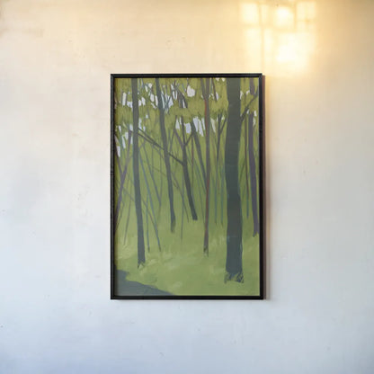 Spring Woods Dark Green by Kathrine Lovell. shown as a paper print in a black flame. Available as a archival giclee rolled canvas, fine art paper, or poster print. SKU 41346h.