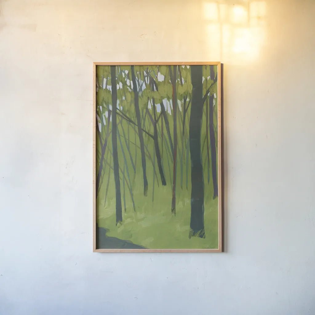 Spring Woods Dark Green by Kathrine Lovell. shown as a paper print in a natural frame. Available as a archival giclee rolled canvas, fine art paper, or poster print. SKU 41346h.