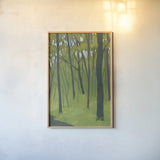 Spring Woods Dark Green by Kathrine Lovell. shown as a paper print in a natural frame. Available as a archival giclee rolled canvas, fine art paper, or poster print. SKU 41346h.