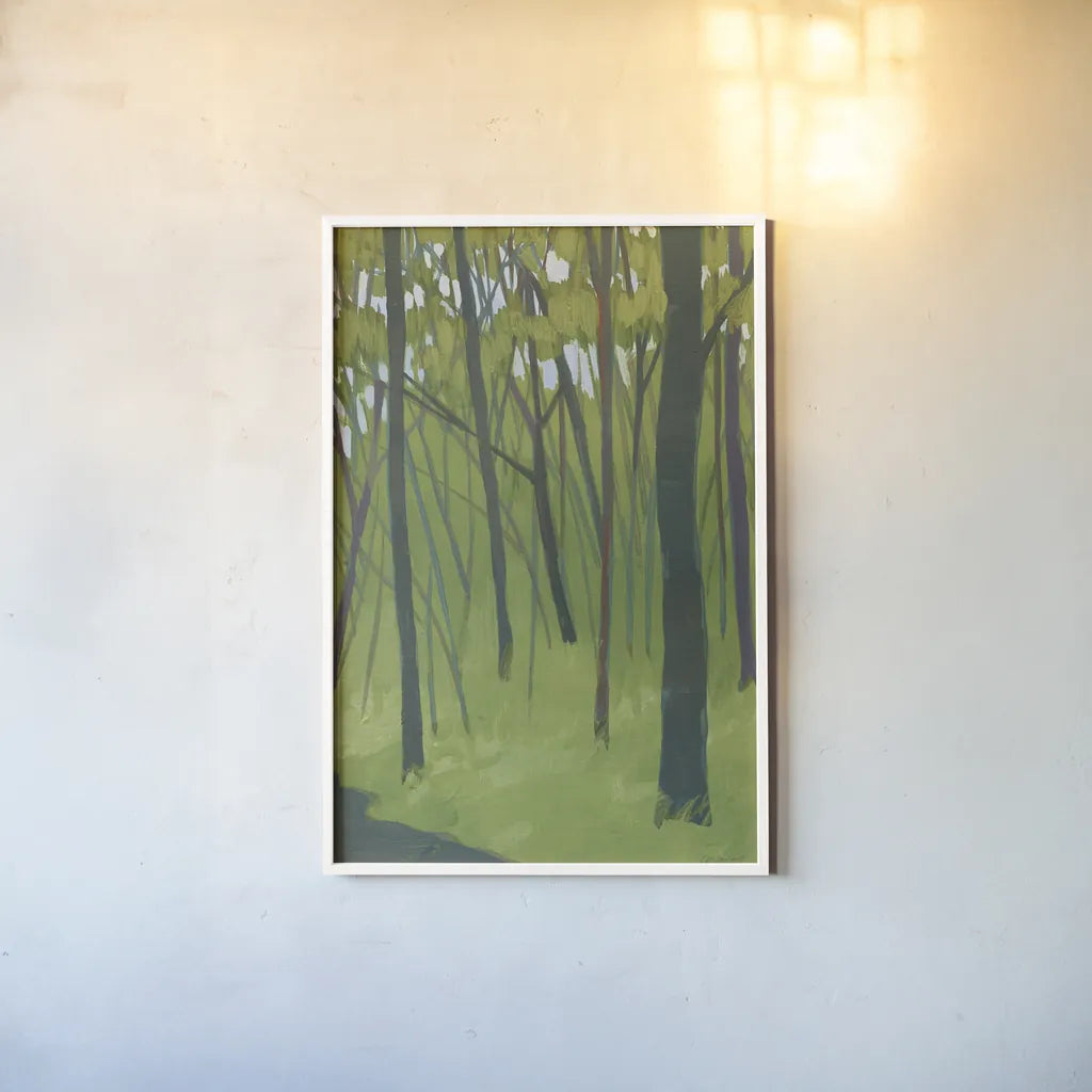 Spring Woods Dark Green by Kathrine Lovell. shown as a paper print in a white frame. Available as a archival giclee rolled canvas, fine art paper, or poster print. SKU 41346h.