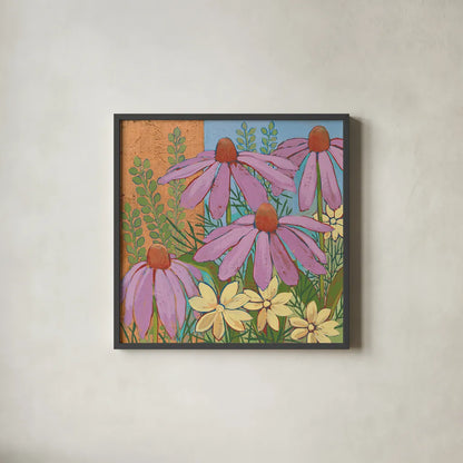 Summer Flowers I by Kathrine Lovell. Shown in a sleek black glass frame for a contemporary gallery look. Available as an archival giclee rolled canvas, fine art paper, or poster print. SKU 43447a.