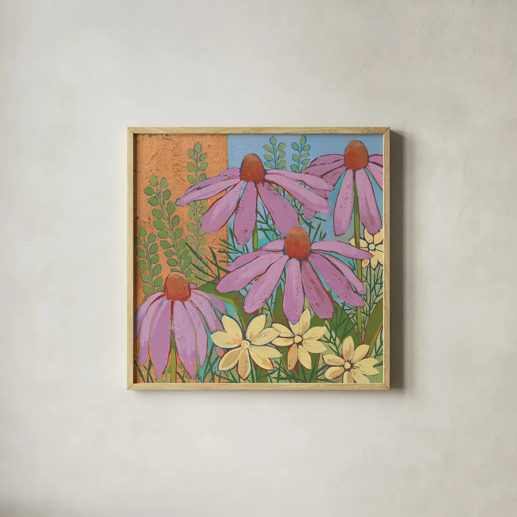 Summer Flowers I by Kathrine Lovell. Shown in a natural wood glass frame for a timeless modern aesthetic. Available as an archival giclee rolled canvas, fine art paper, or poster print. SKU 43447a.