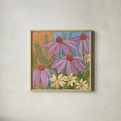 Summer Flowers I by Kathrine Lovell. Shown in a natural wood glass frame for a timeless modern aesthetic. Available as an archival giclee rolled canvas, fine art paper, or poster print. SKU 43447a.