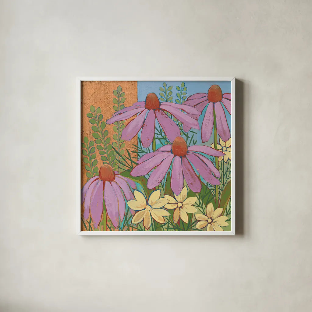 Summer Flowers I by Kathrine Lovell. Shown in a crisp white glass frame for a clean and minimalist style. Available as an archival giclee rolled canvas, fine art paper, or poster print. SKU 43447a.